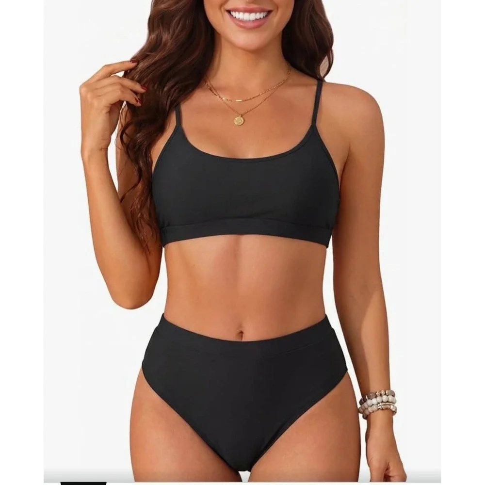 Tempt Me Women Black 2 Piece Swimsuit High Waisted Bikini Set Tummy Control, Med